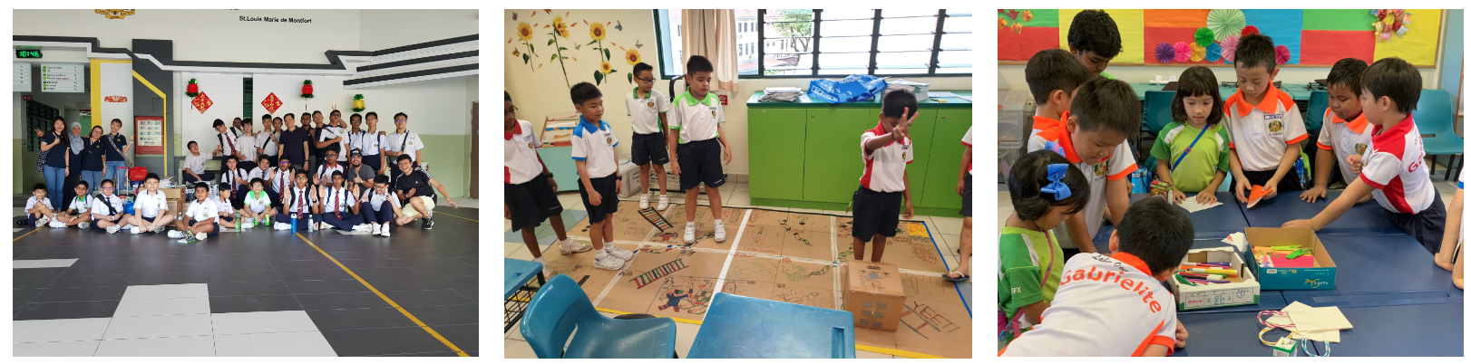 Three school scenes: a group photo indoors, children standing around a large cardboard floor game, and kids crafting at a table.